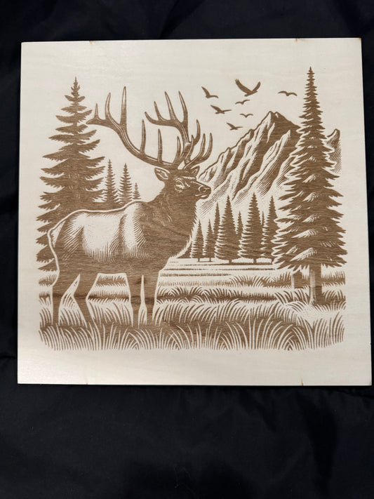 Laser Engraved Elk in Forest